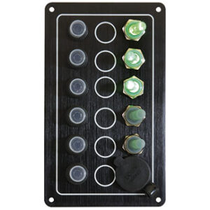 Zwarte elektrische paneel GHOST met 6 schakelaars en 12v plug 100 x H170mm
