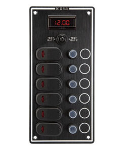 Zwart Elektrisch Paneel met 6 Schakelaars en Digitale Accu Tester 2 accu`s 115 x H241mm