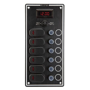 Zwart Elektrisch Paneel met 6 Schakelaars en Digitale Accu Tester 2 accu`s 115 x H241mm
