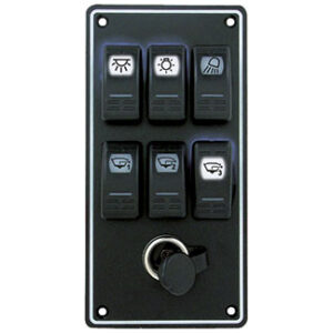 Elektrisch paneel Black Sea met 6 Led schakelaars en 12V aanstekercontact 102 x H205mm