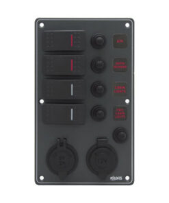 Zwart Elektrisch Paneel met 4 schakelaars Accutester en 12V plug 114 x H191mm