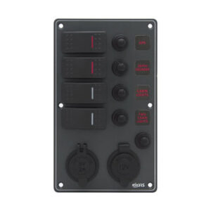 Zwart Elektrisch Paneel met 4 schakelaars Accutester en 12V plug 114 x H191mm