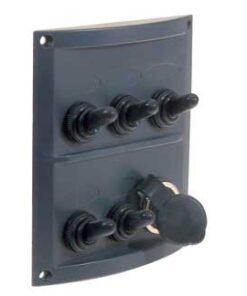 Zwart ABS elektrisch paneel 5 schakelaars en 12v stopcontact 110 x H125mm