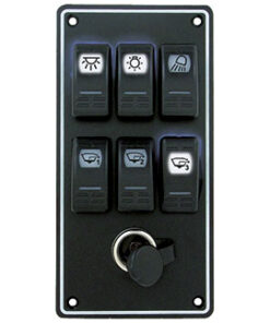 Elektrisch paneel Black Sea met 6 Led schakelaars en 12V aanstekercontact 102 x H205mm