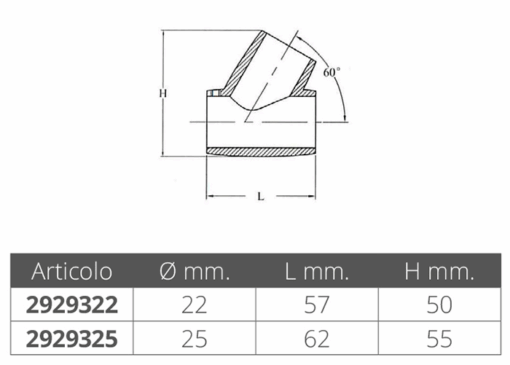 T-verbinding 60 ° gekanteld D22 mm roestvrij staal - Afbeelding 2