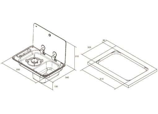 RVS Combo Kookplaat met Spoelbak (Rechter Hand) 530 x 340 x 150mm ( 1 Branders) - Afbeelding 2