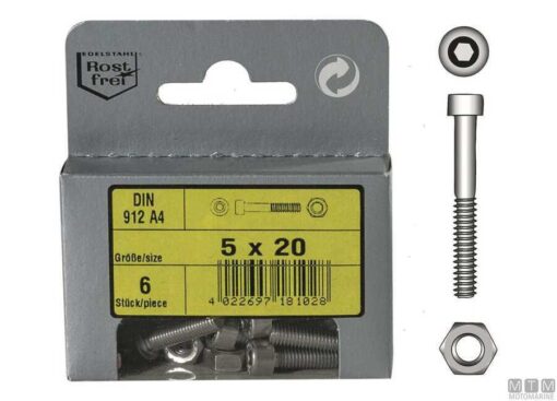 Blister 6 stuks Roestvrijstalen Schroeven Din912 4 x 25mm met Moeren