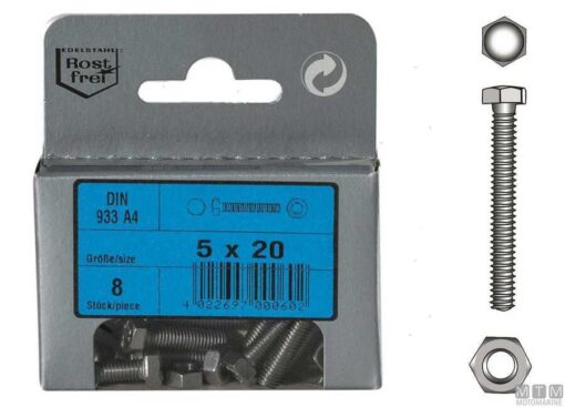 Blister 2 stuks Rvs schroeven Din 933 8 x 70mm met moeren