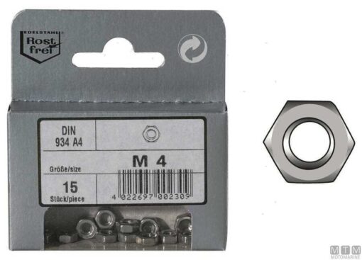 Blister 4 stuks Rvs moeren M12 Din 934