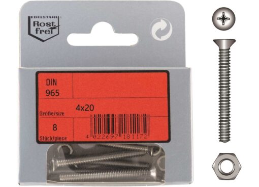 Pak Sleufkop Schroeven Phillips A4 DIN 965 4x20 met Moeren 8st