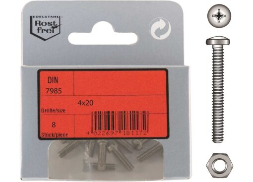 Pak cilinderkop Schroeven Phillips A4 DIN 7985 4x20 met Moeren 8st